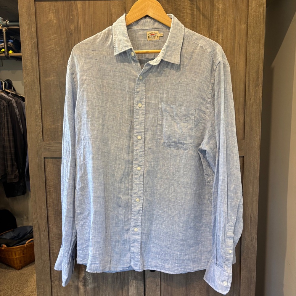 Faherty Mens XL Light Blue 100% Linen Long Sleeve Button Down Shirt